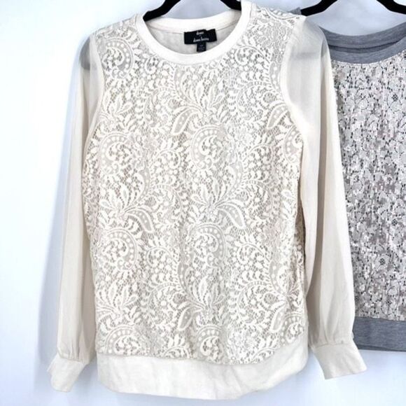 Loft Sequin & Dennis Basso Lace overlay sweatshirt Top XS Sweaters Pullover Gray - Picture 2 of 16